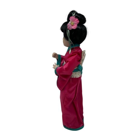 Japanese Geisha Akiko Porcelain Doll In Pink Kimono With Floral Obi & Stand - Picture 6 of 12